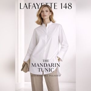Lafayette 148 NY Cotton White Stretch Poplin Mandarin Tunic Blouse XL